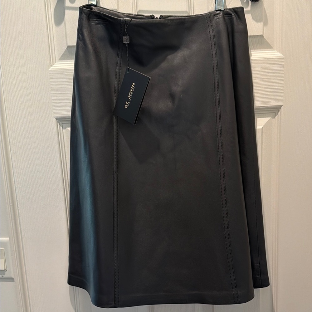 St John Black Leather A-Line Midi Skirt NWT. Gorgeous!